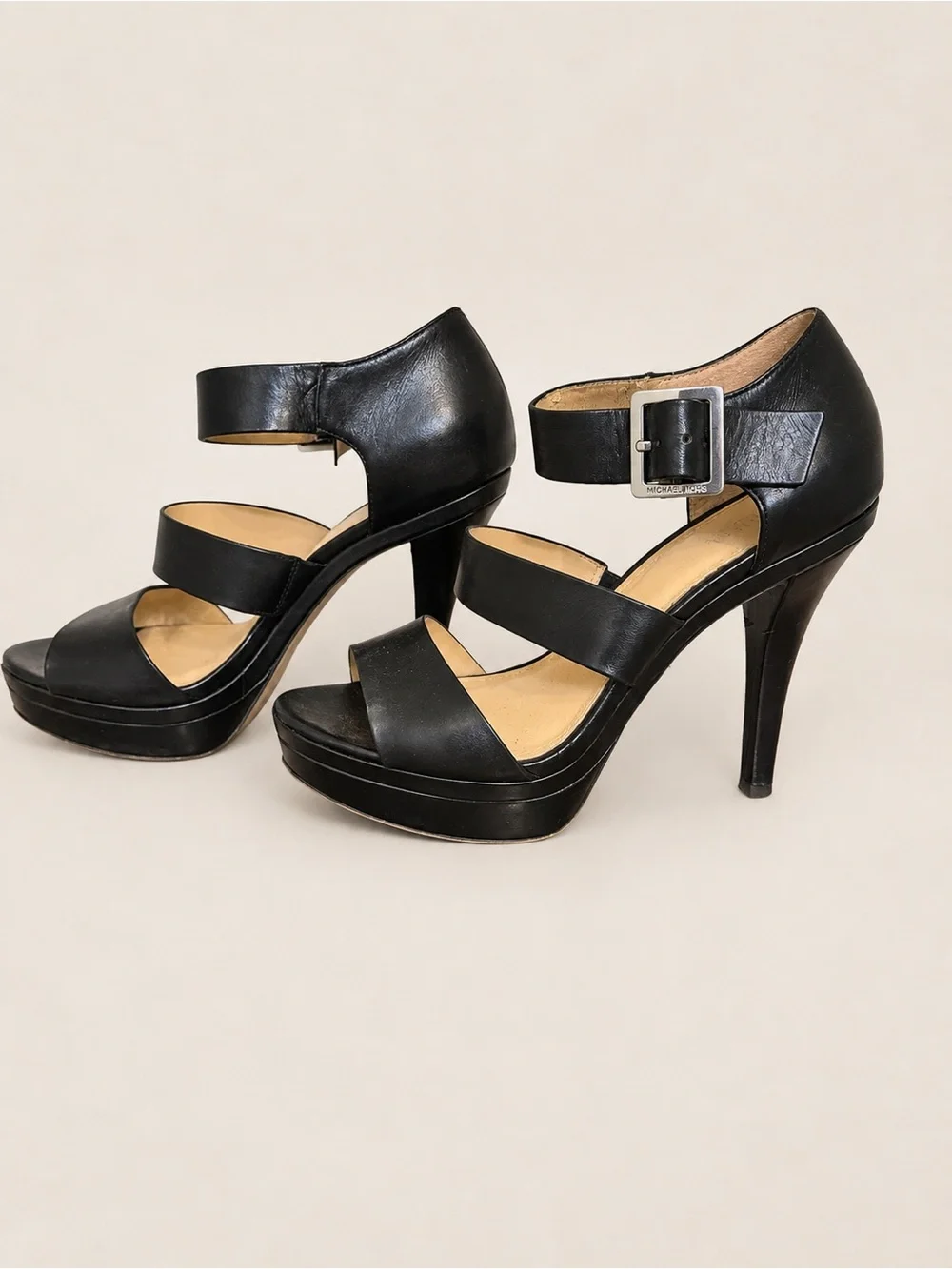 Michael Kors Black Leather Triple-Strap Platform Stiletto Sandals